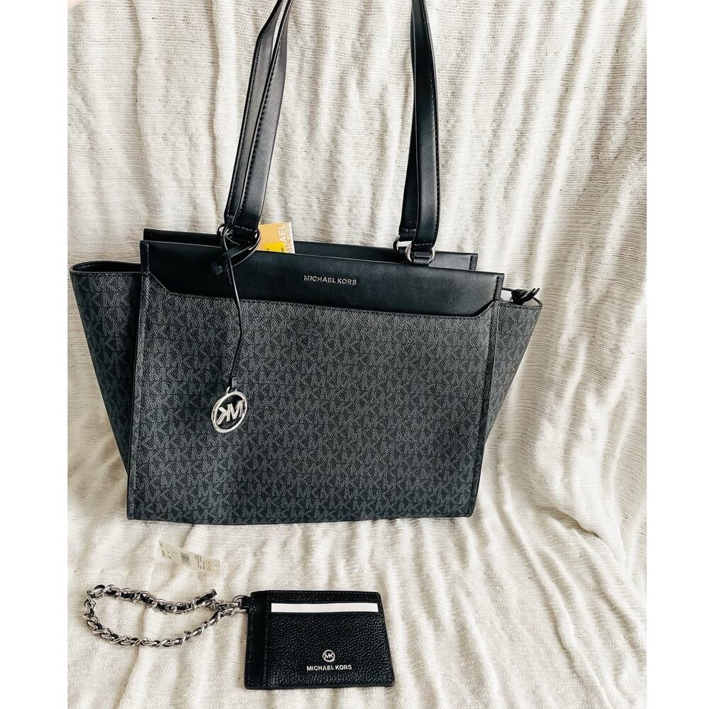 NWT Michael Kors Graham Large Top Zip Tote Bag & Jet Set ID Card Holder - Black